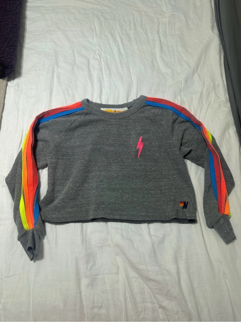 Aviator Nation Grey Crop Sweatshirt with Neon Rainbow Sleeve Stripes